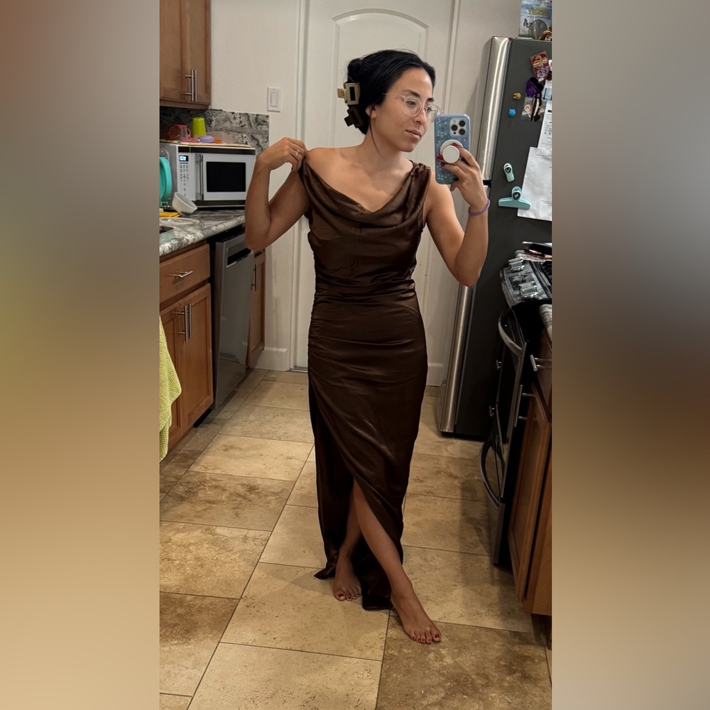 Meshki Arianne Draped Satin Maxi Dress - Dark Chocolate NWT